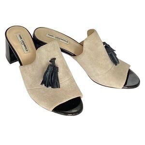 Karl Lagerfeld Paris Hettie Stone Suede Tassel Mules Black Patent Block Heel 7.5